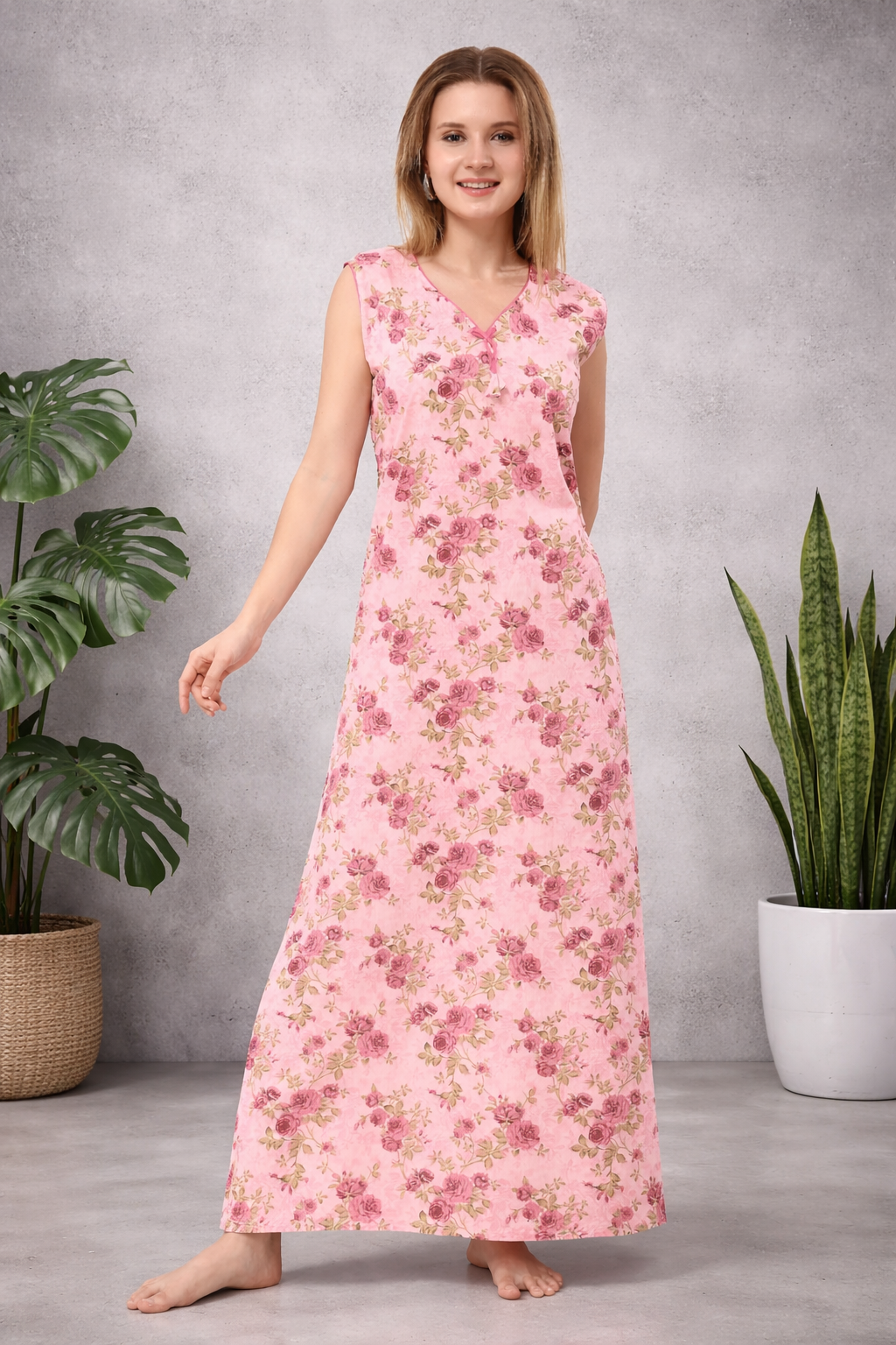 Floral Sleeveless Nighty - Pink