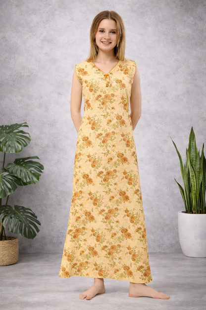 Floral Sleeveless Nighty - Yellow