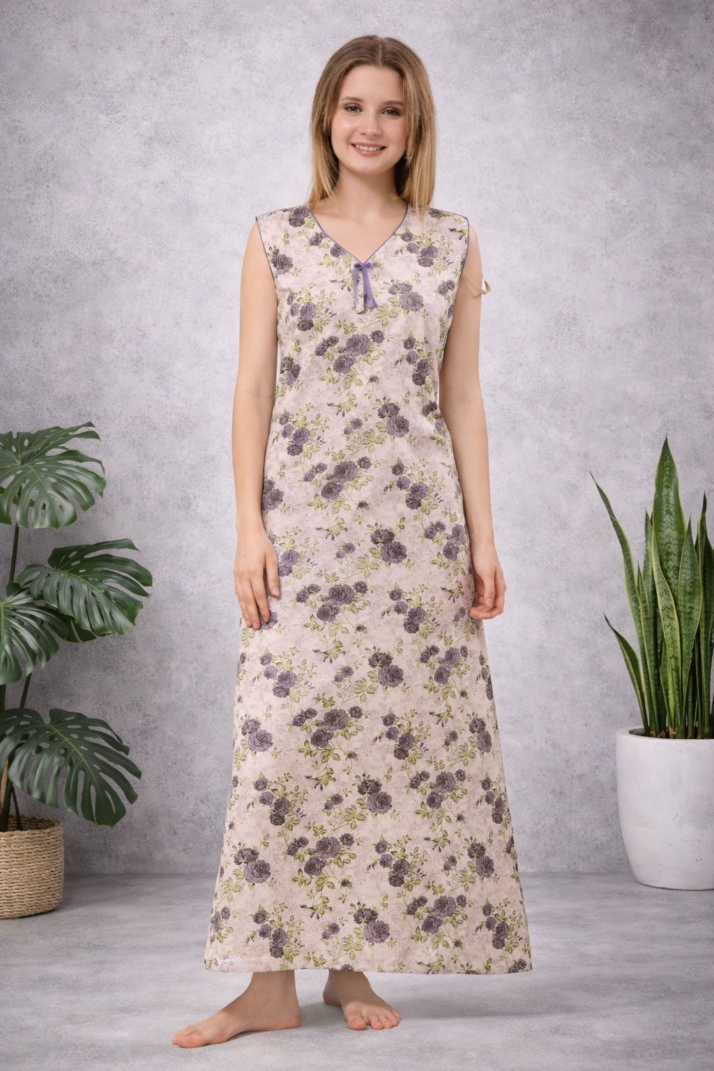 Floral Sleeveless Nighty - Purple