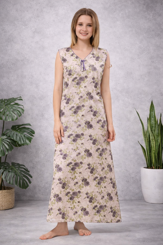Floral Sleeveless Nighty - Purple