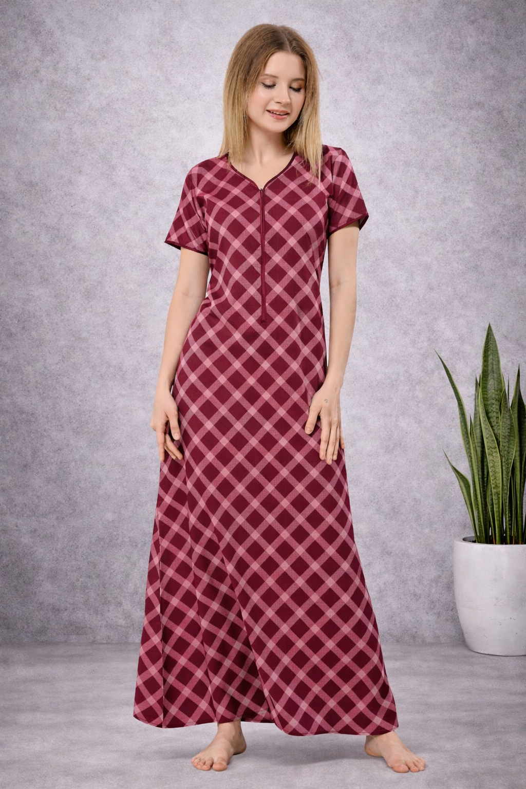 Front Zipper Cotton Night Gown - Pink