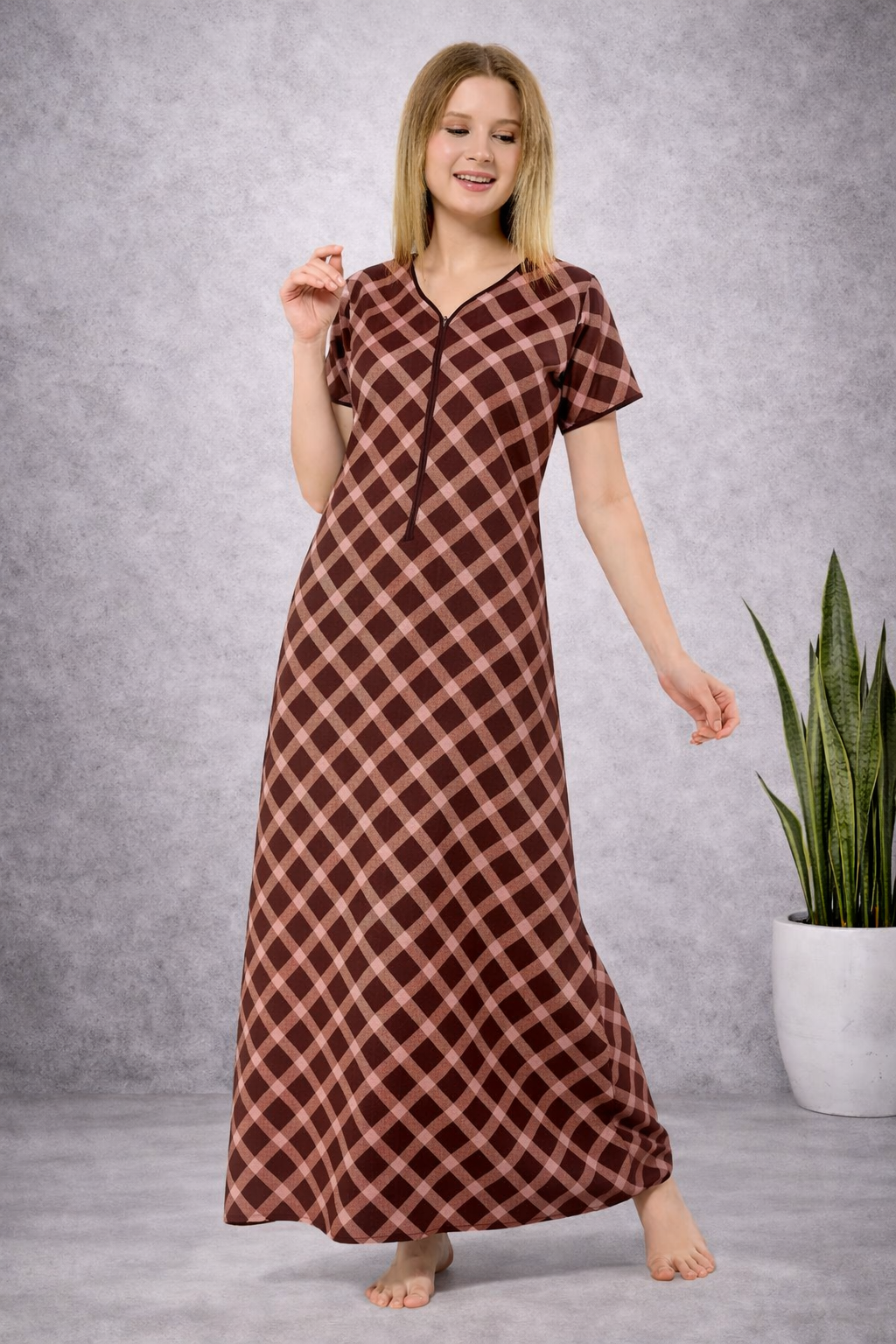 Front Zipper Cotton Night Gown - Brown