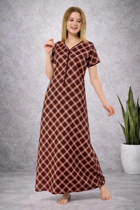 Front Zipper Cotton Night Gown - Brown