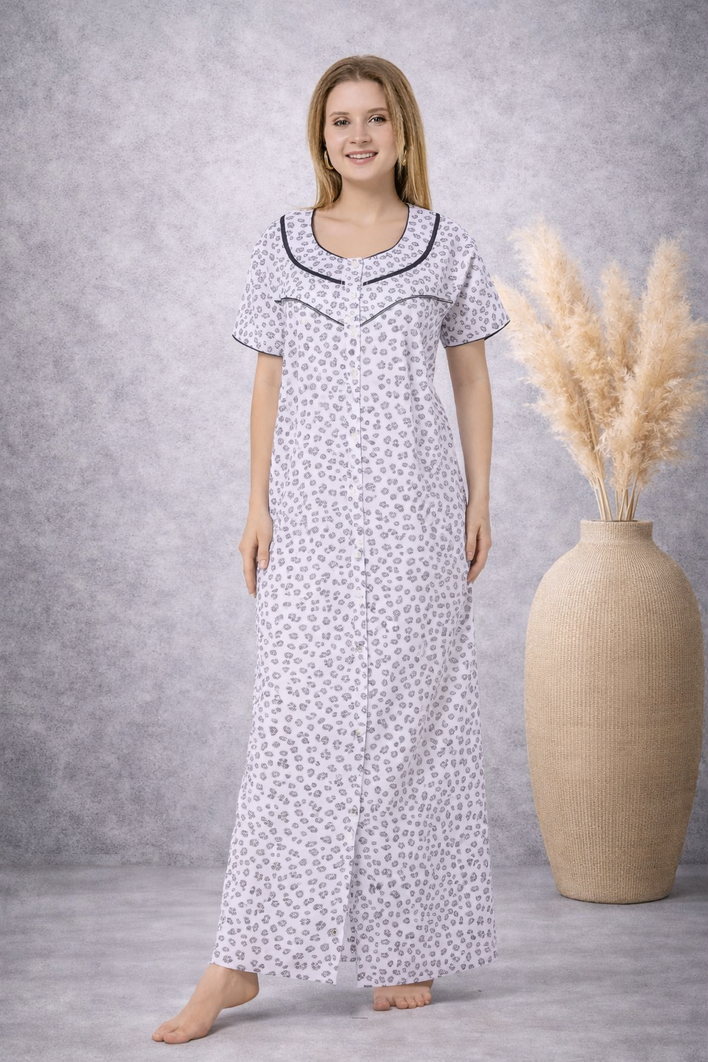 Front Open Plus Size Nightdress - Grey