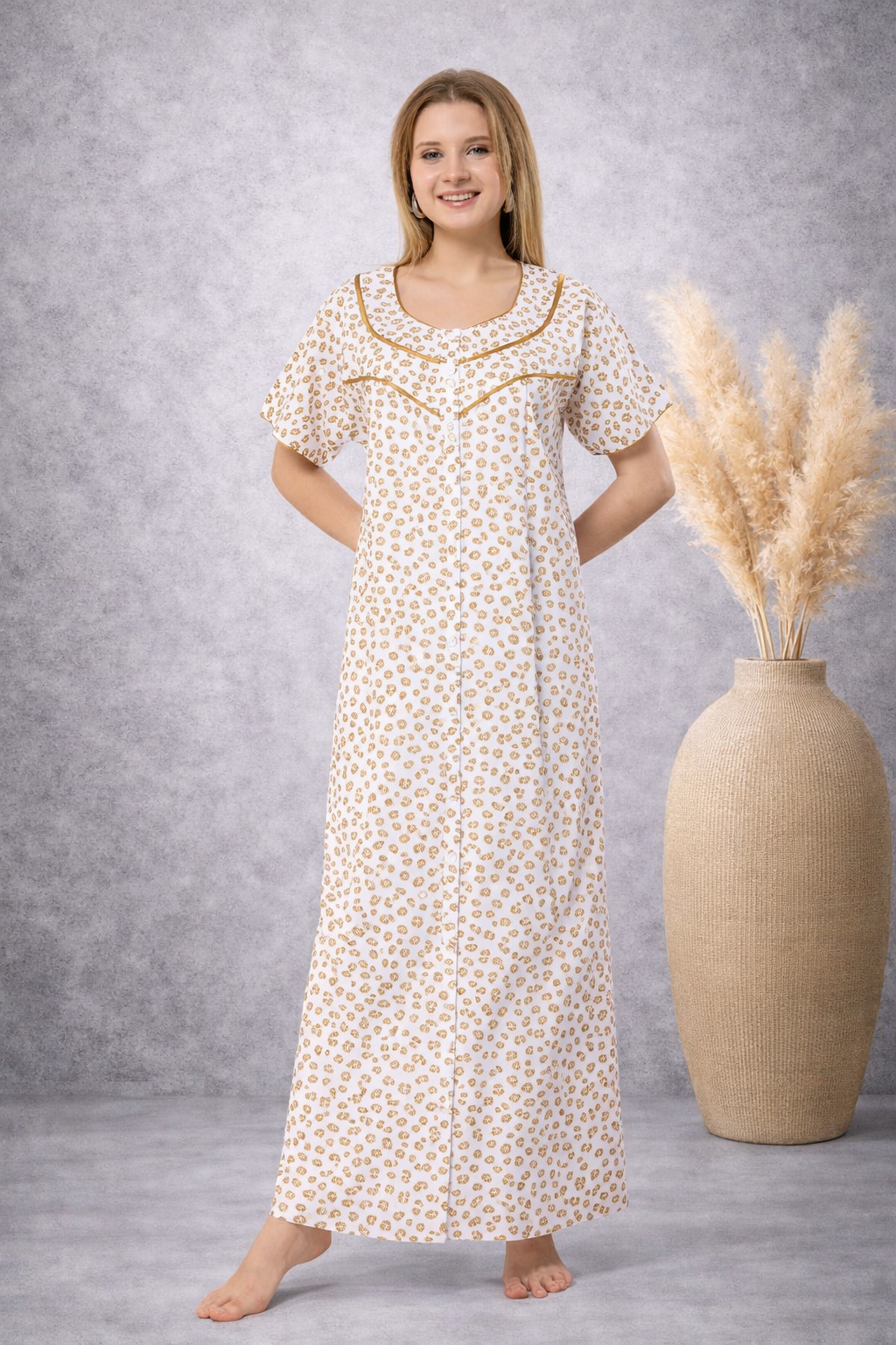 Front Open Plus Size Nightdress - Yellow