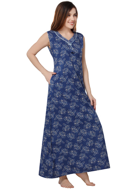 Floral Sleeveless Summer Night Gown - Blue
