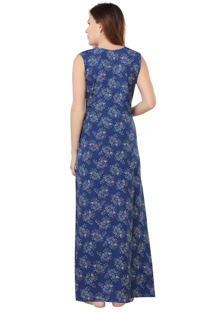 Floral Sleeveless Summer Night Gown - Blue