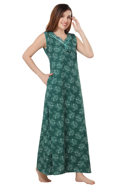Floral Sleeveless Summer Night Gown - Green