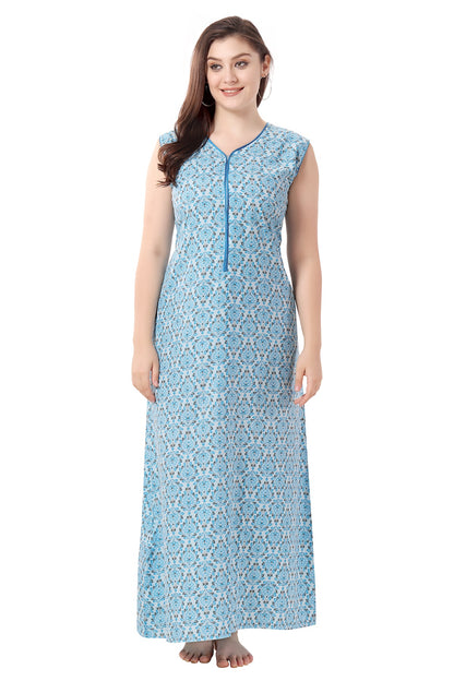 Floral Sleeveless Summer Night Gown - Blue
