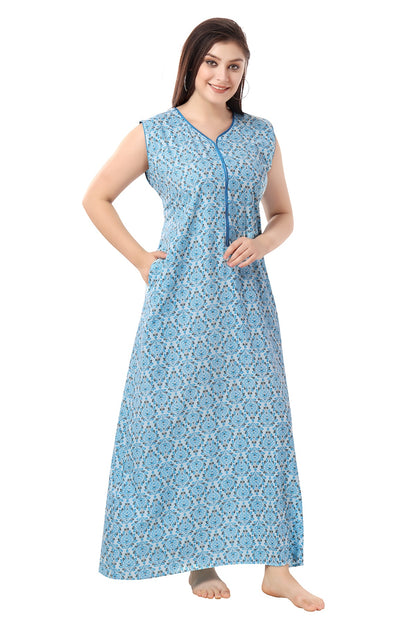 Floral Sleeveless Summer Night Gown - Blue