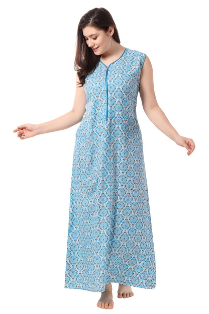 Floral Sleeveless Summer Night Gown - Blue