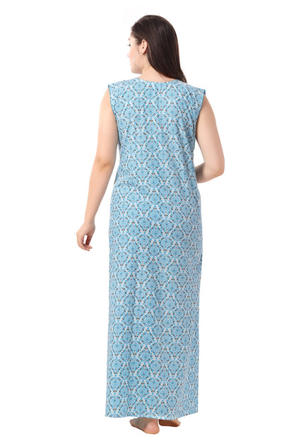 Floral Sleeveless Summer Night Gown - Blue