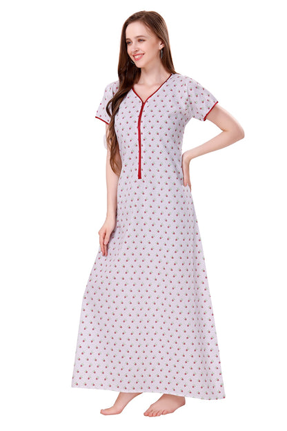 White Summer Cool Night Gown - Red