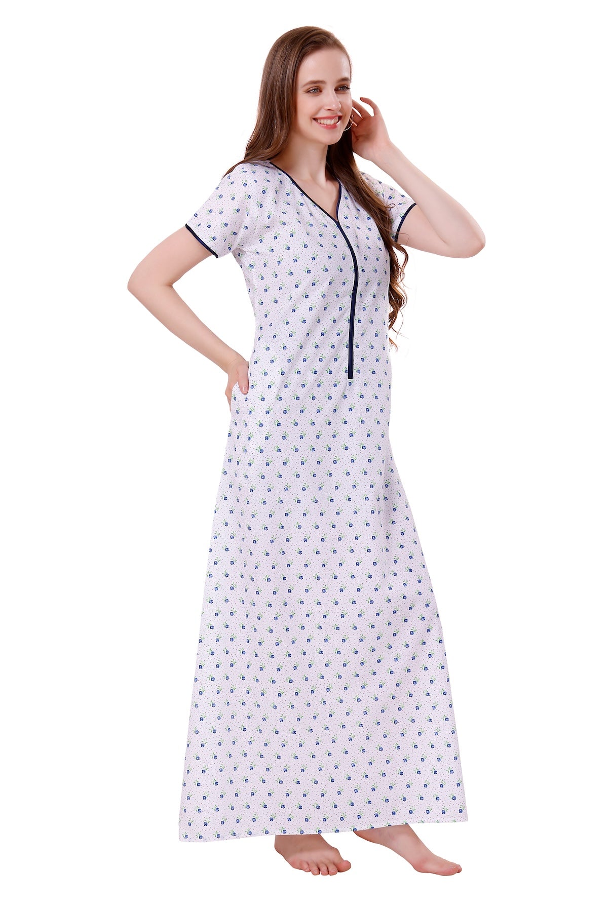 White Summer Cool Night Gown - Blue