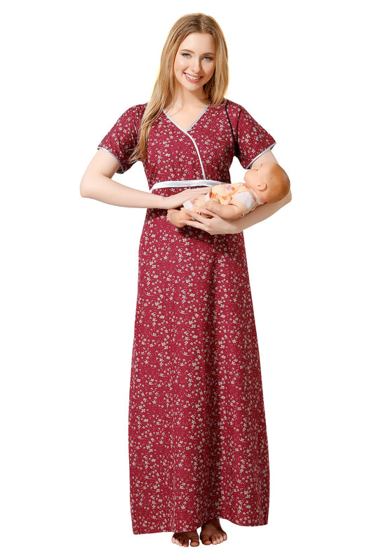 Printed Feeding Nighty - Maroon