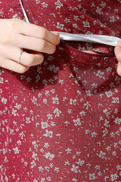 Printed Feeding Nighty - Maroon
