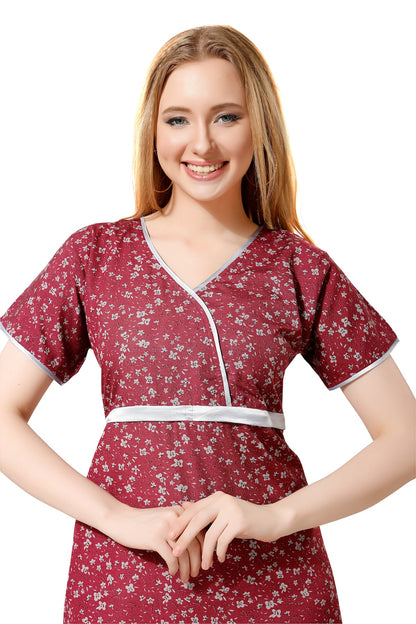 Printed Feeding Nighty - Maroon
