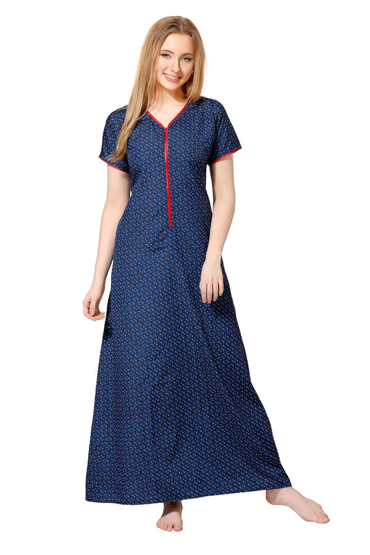 Front Zipper Printed Nighty - Blue