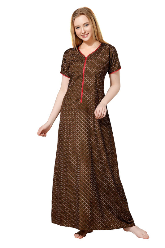 Front Zipper Printed Nighty - Brown