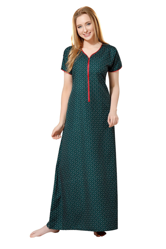 Front Zipper Printed Nighty - Brown