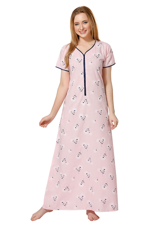 Front Zipper Printed Nighty - Pink
