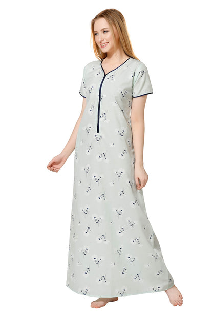 Front Zipper Printed Nighty - Green