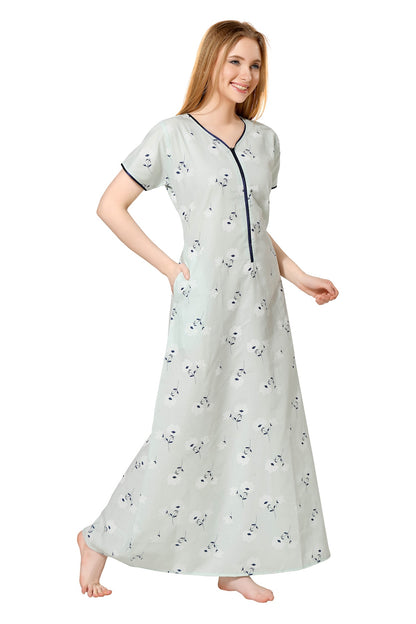 Front Zipper Printed Nighty - Green