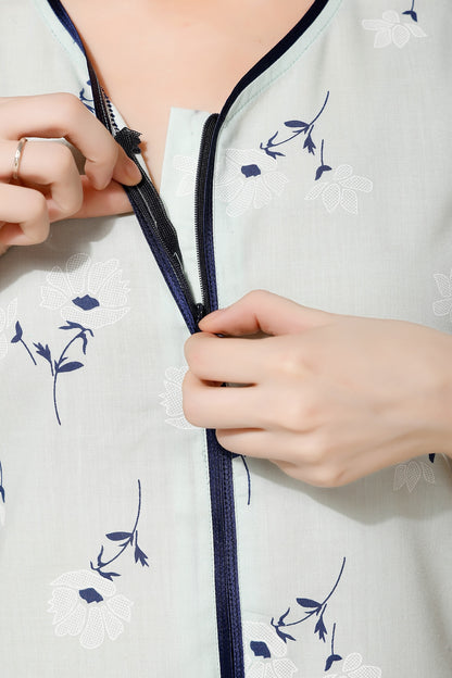 Front Zipper Printed Nighty - Green