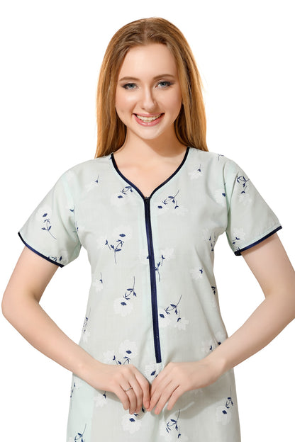 Front Zipper Printed Nighty - Green