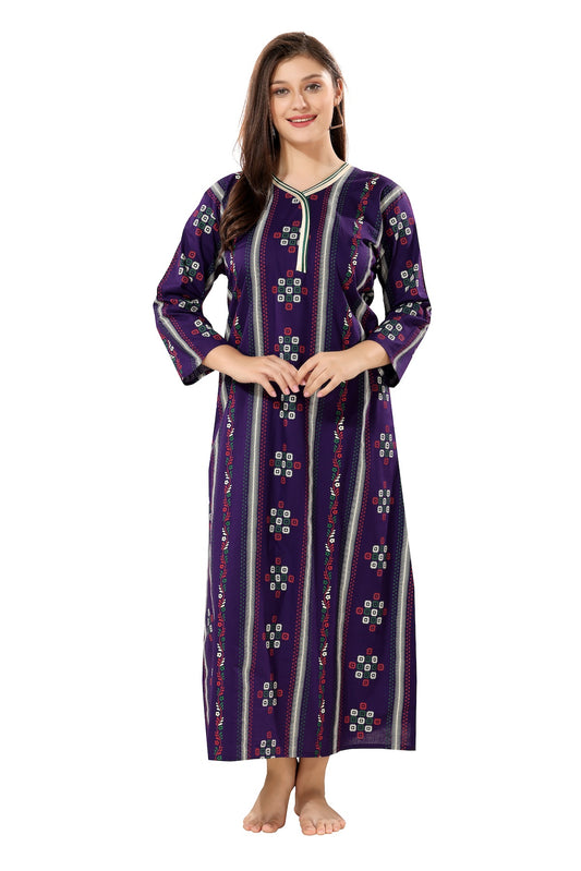 Printed Full Sleeves Nighty - Purple