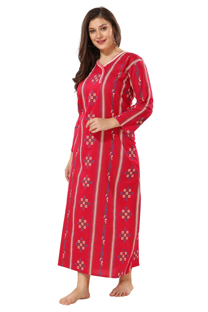 Printed Full Sleeves Nighty - Red