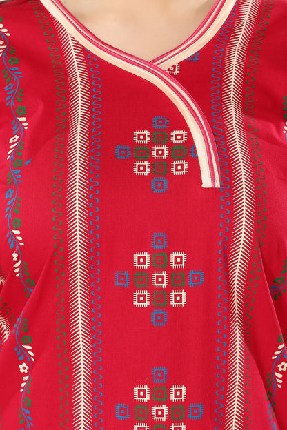 Printed Full Sleeves Nighty - Red