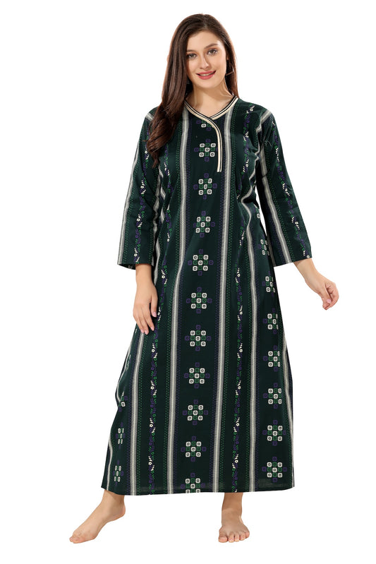 Printed Full Sleeves Nighty - Green