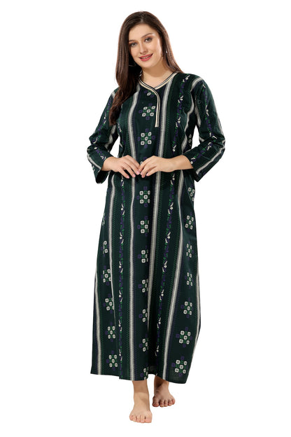 Printed Full Sleeves Nighty - Green