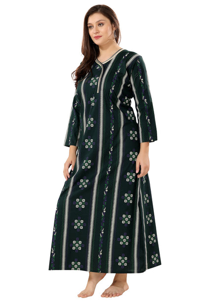 Printed Full Sleeves Nighty - Green