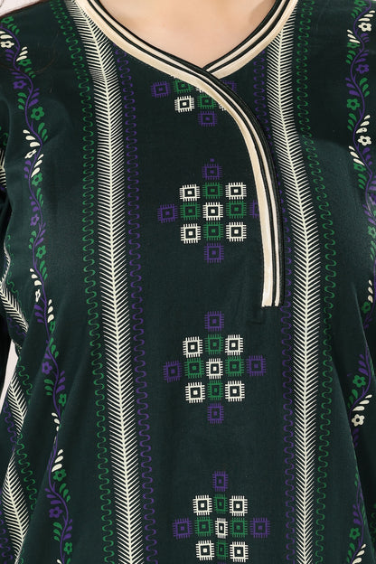 Printed Full Sleeves Nighty - Green