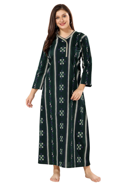 Printed Full Sleeves Nighty - Green