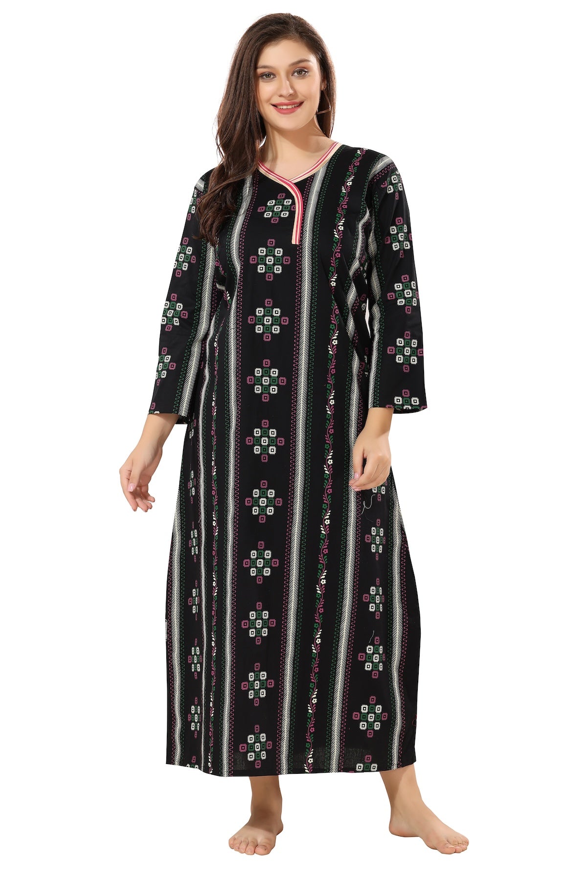 Printed Full Sleeves Nighty - Black