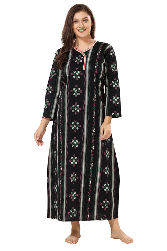 Printed Full Sleeves Nighty - Black