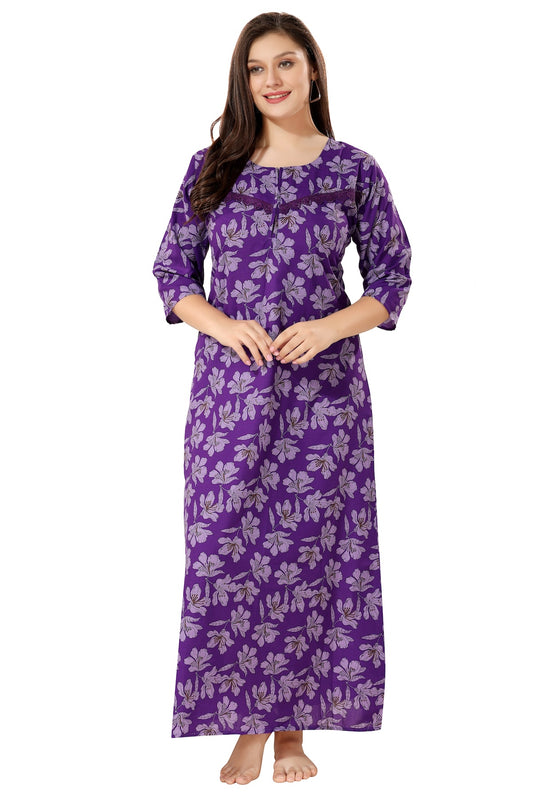 Floral Full Sleeves Night Gown - Purple
