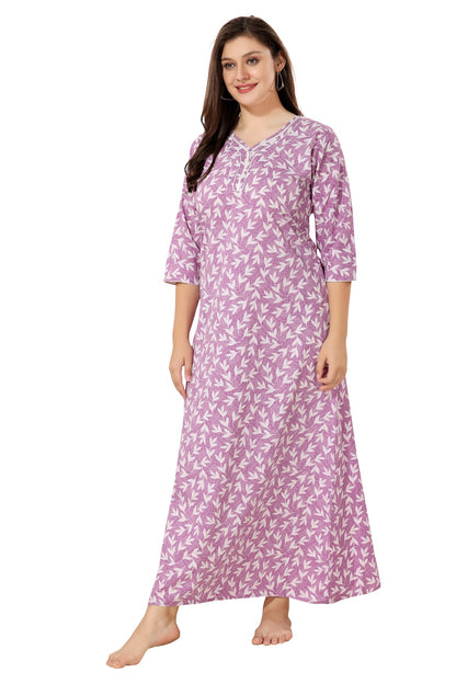 Floral Full Sleeves Night Gown - Purple