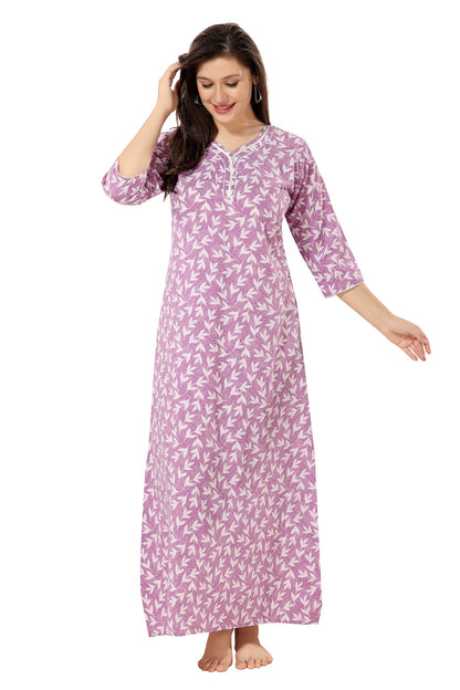 Floral Full Sleeves Night Gown - Purple