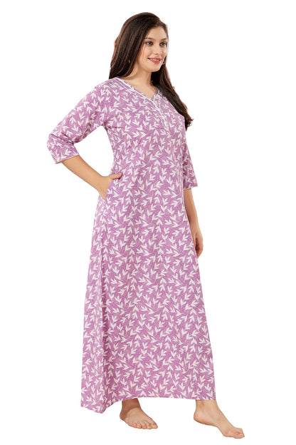 Floral Full Sleeves Night Gown - Purple