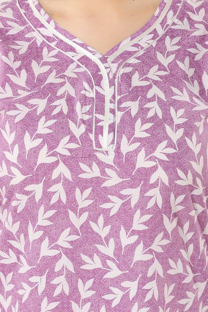 Floral Full Sleeves Night Gown - Purple