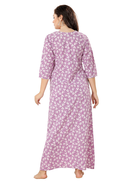 Floral Full Sleeves Night Gown - Purple