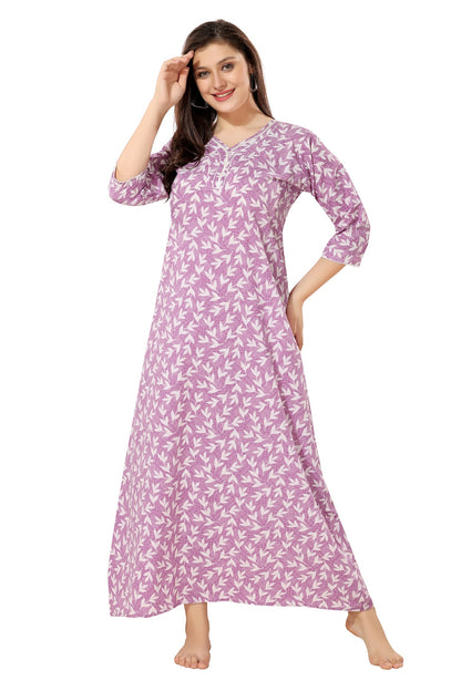 Floral Full Sleeves Night Gown - Purple
