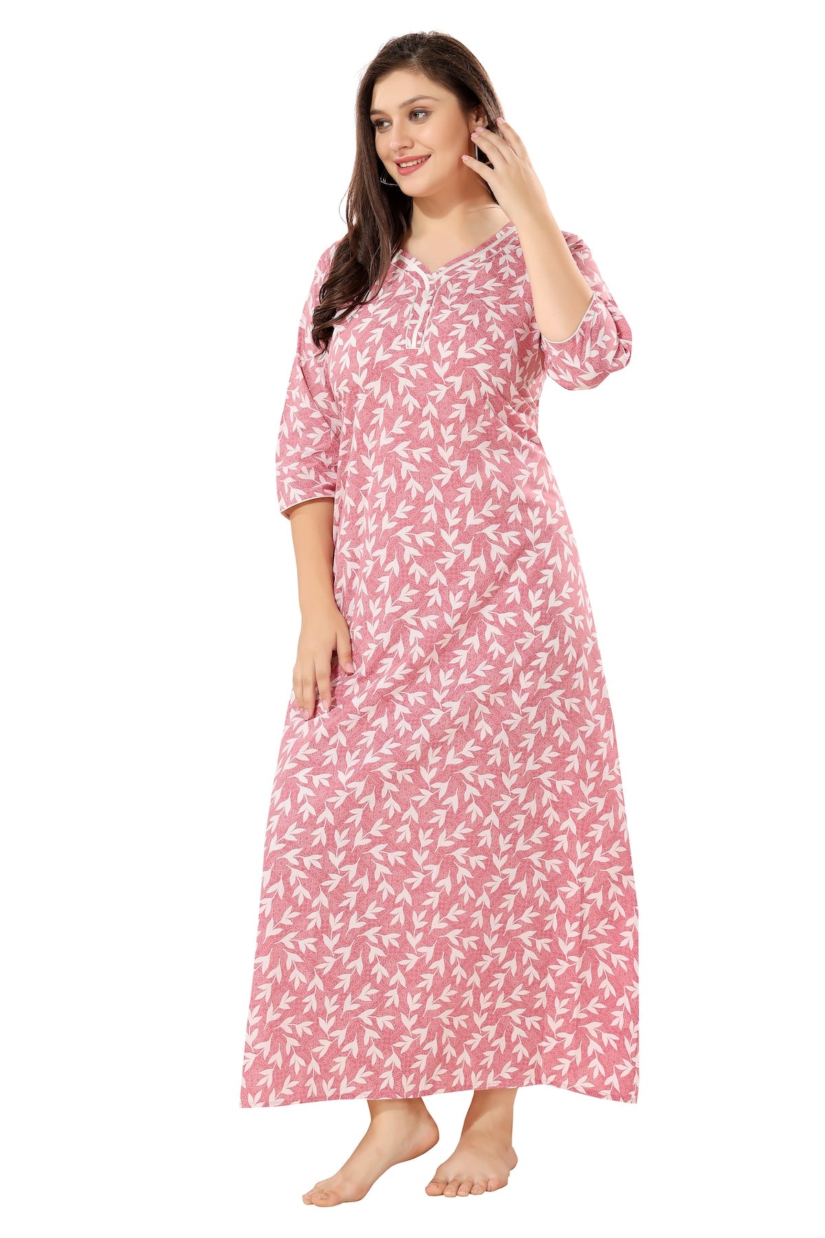 Floral Full Sleeves Night Gown - Peach
