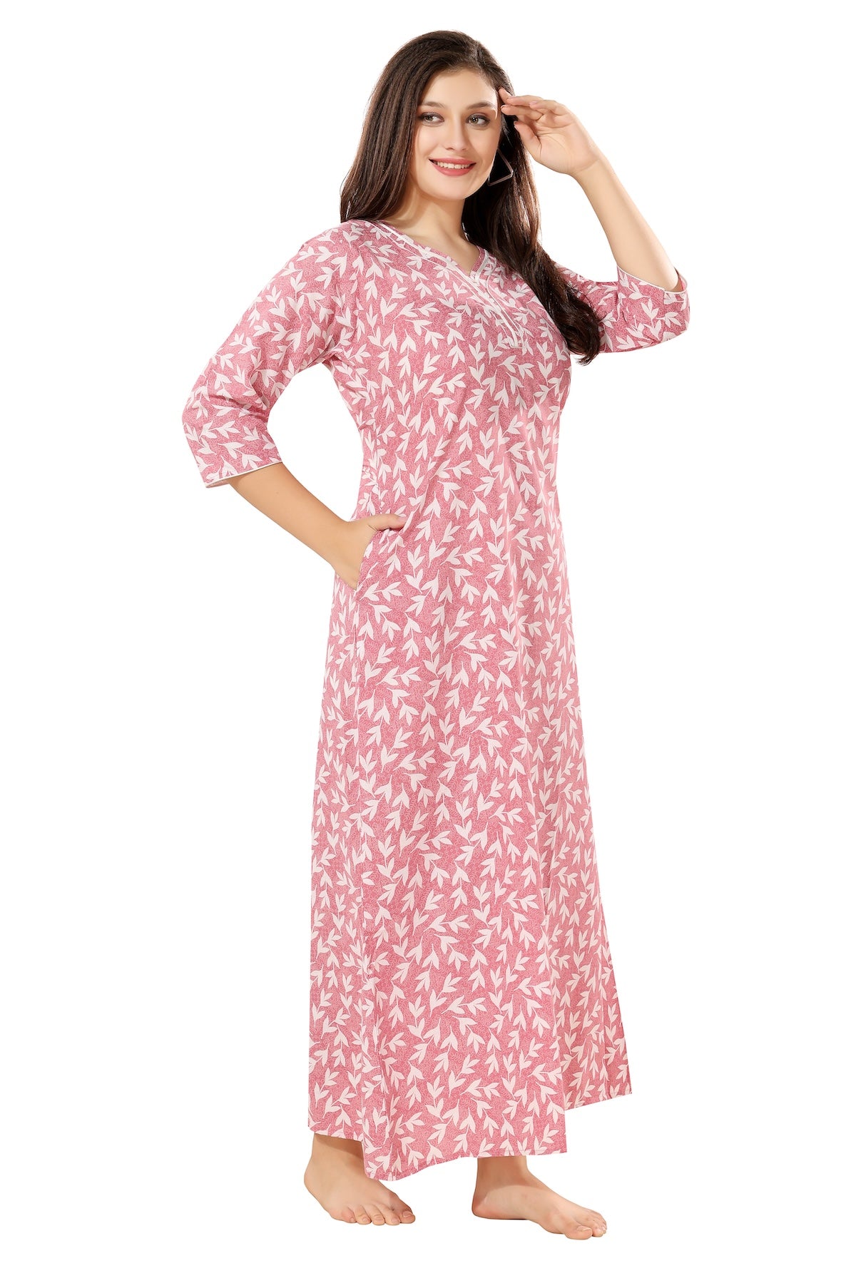 Floral Full Sleeves Night Gown - Peach