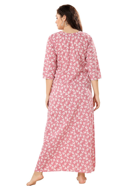 Floral Full Sleeves Night Gown - Peach