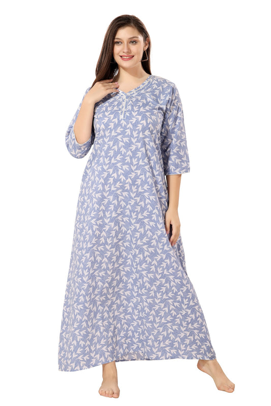 Floral Full Sleeves Night Gown - Blue